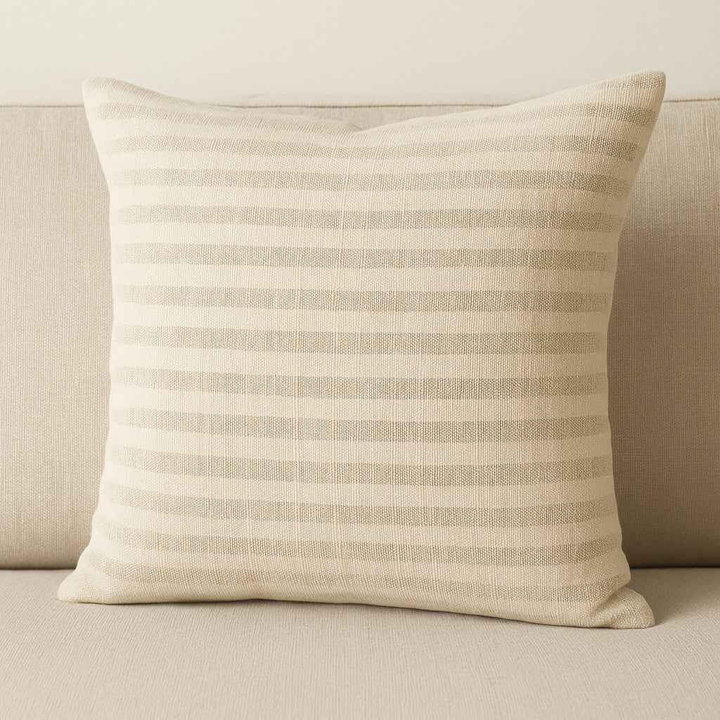 Cream And Beige Striped Linen Blend Throw Pillow with Embroidery