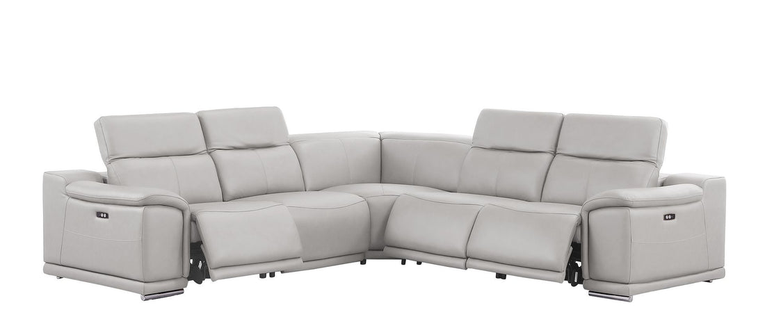 Ash Gray Leather Power Reclining L Shaped Five Piece Corner Sectional