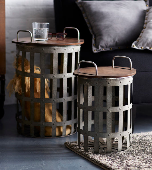 Metal and Wood Side Basket Table Set