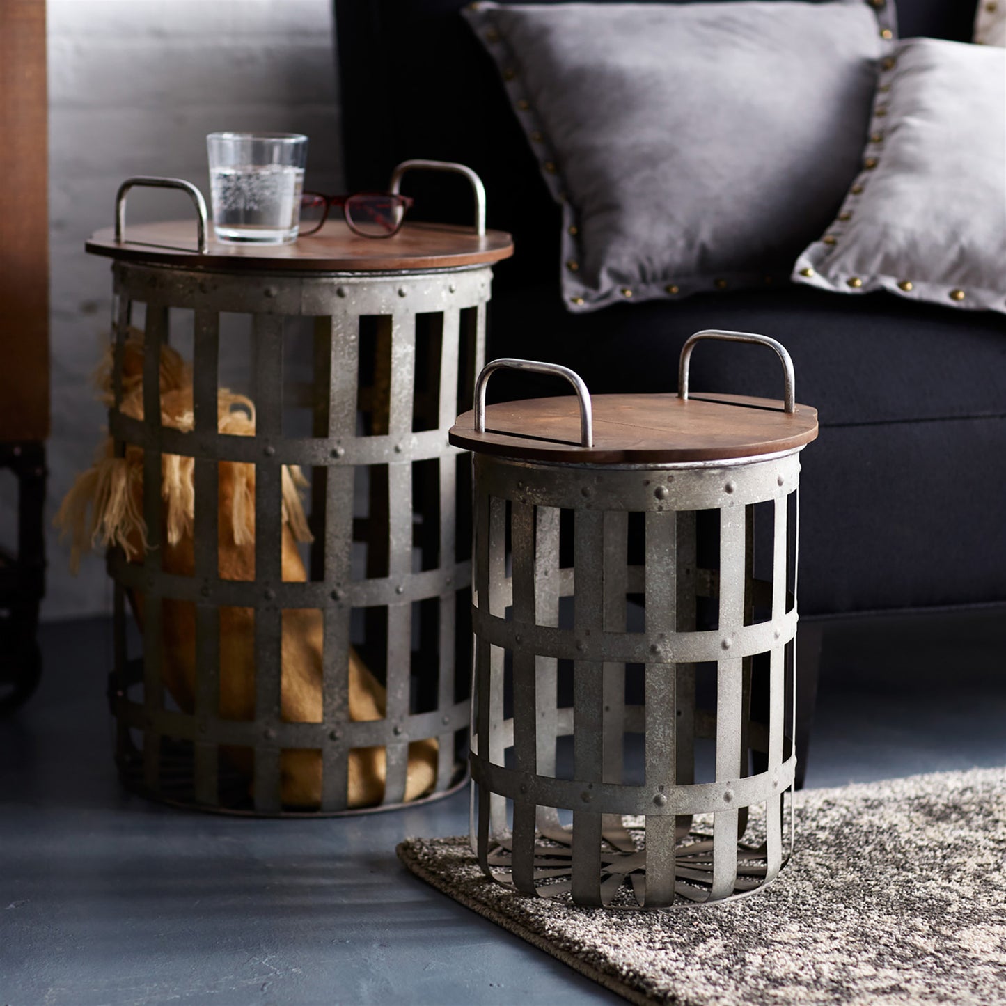 Metal and Wood Side Basket Table Set