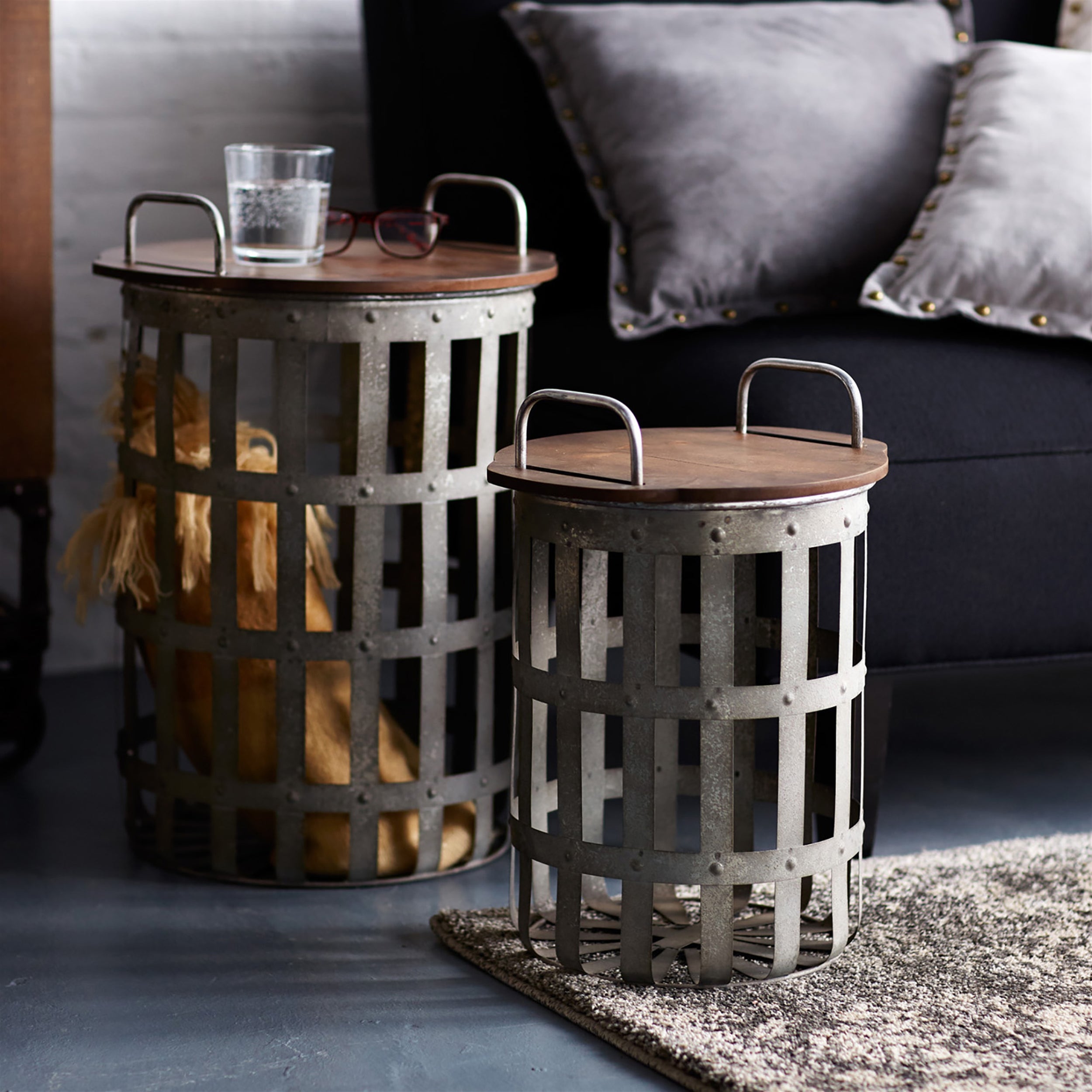 Metal and Wood Side Basket Table Set