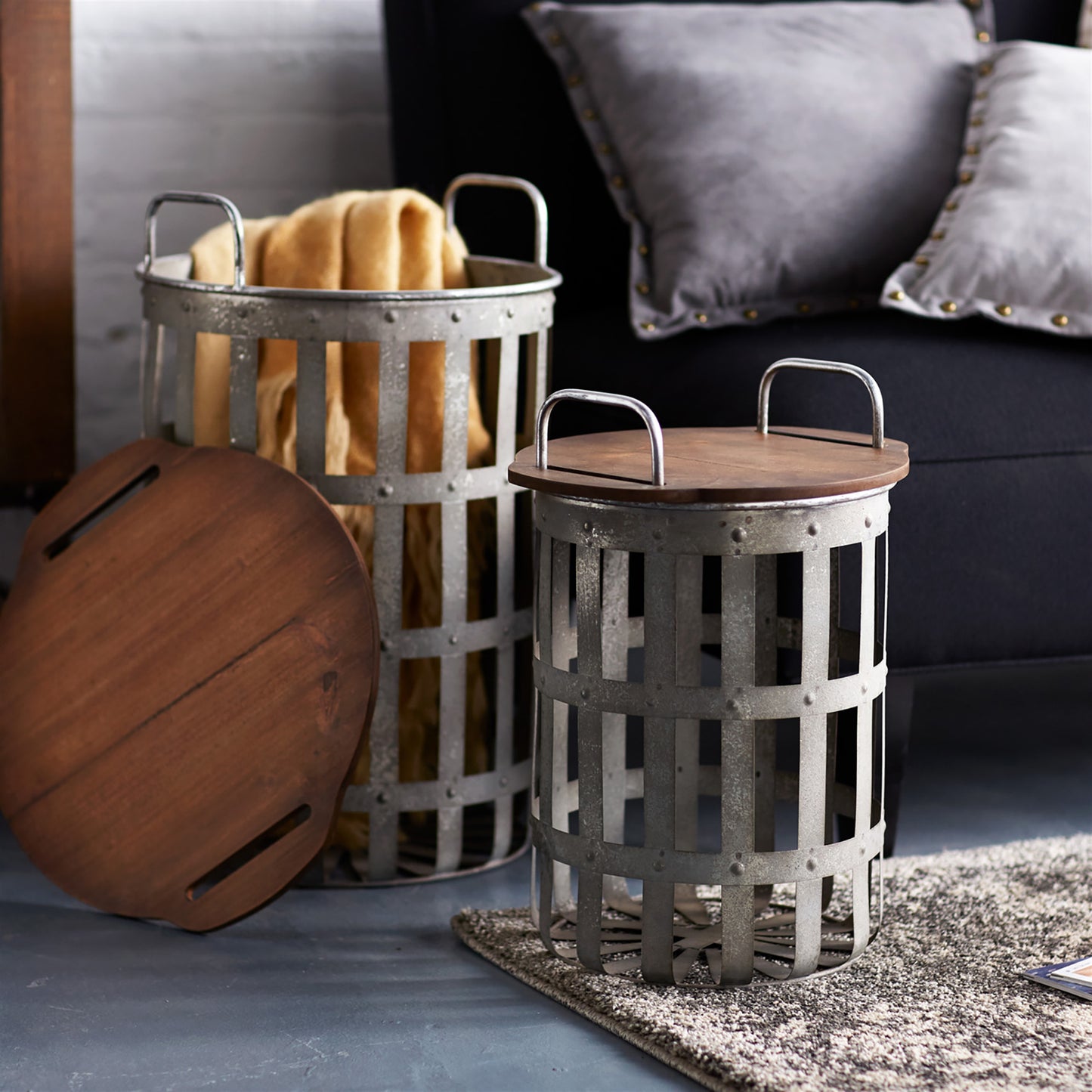 Metal and Wood Side Basket Table Set