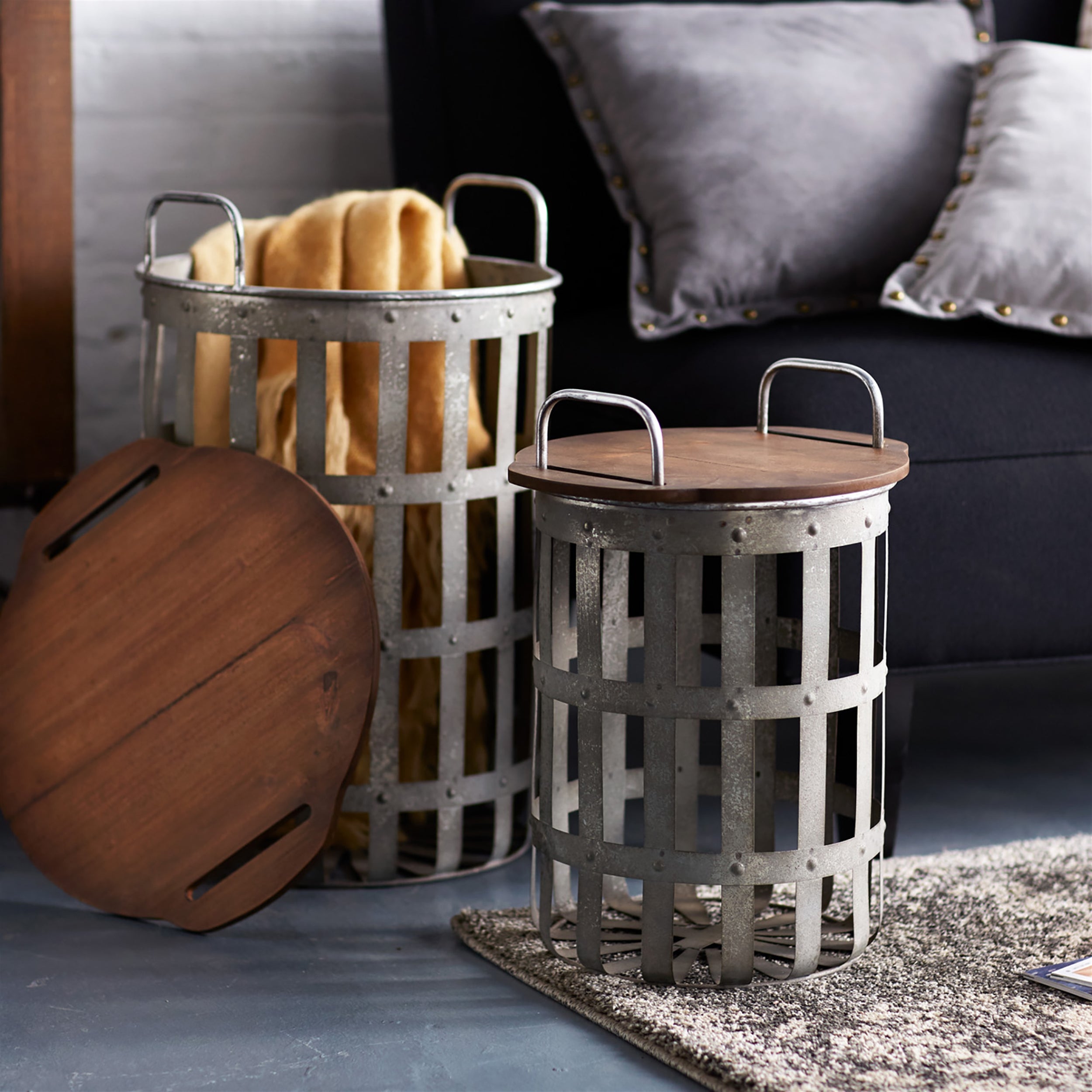 Metal and Wood Side Basket Table Set