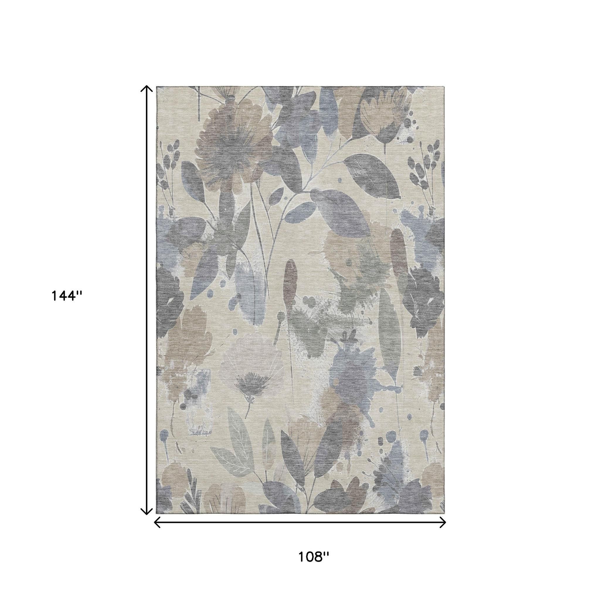 Beige Gray And Ivory Floral Washable Area Rug With UV Protection