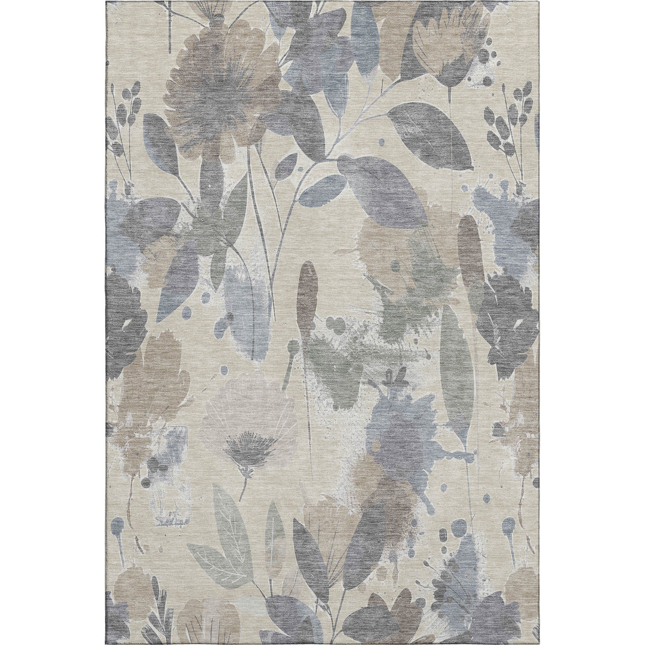 Beige Gray And Ivory Floral Washable Area Rug With UV Protection
