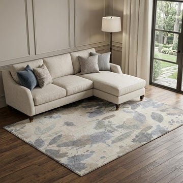 Beige Gray And Ivory Floral Washable Area Rug With UV Protection