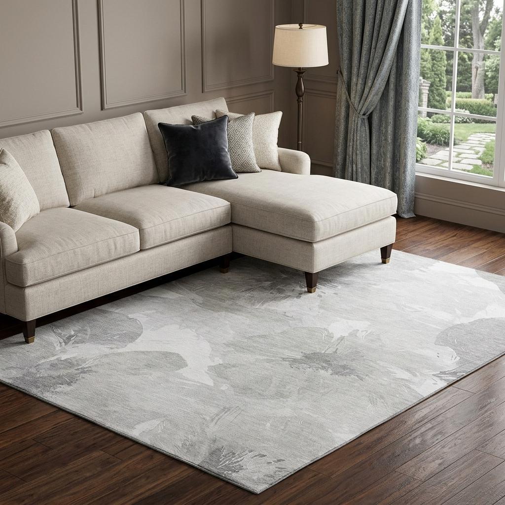 Beige Gray And Ivory Floral Washable Area Rug With UV Protection