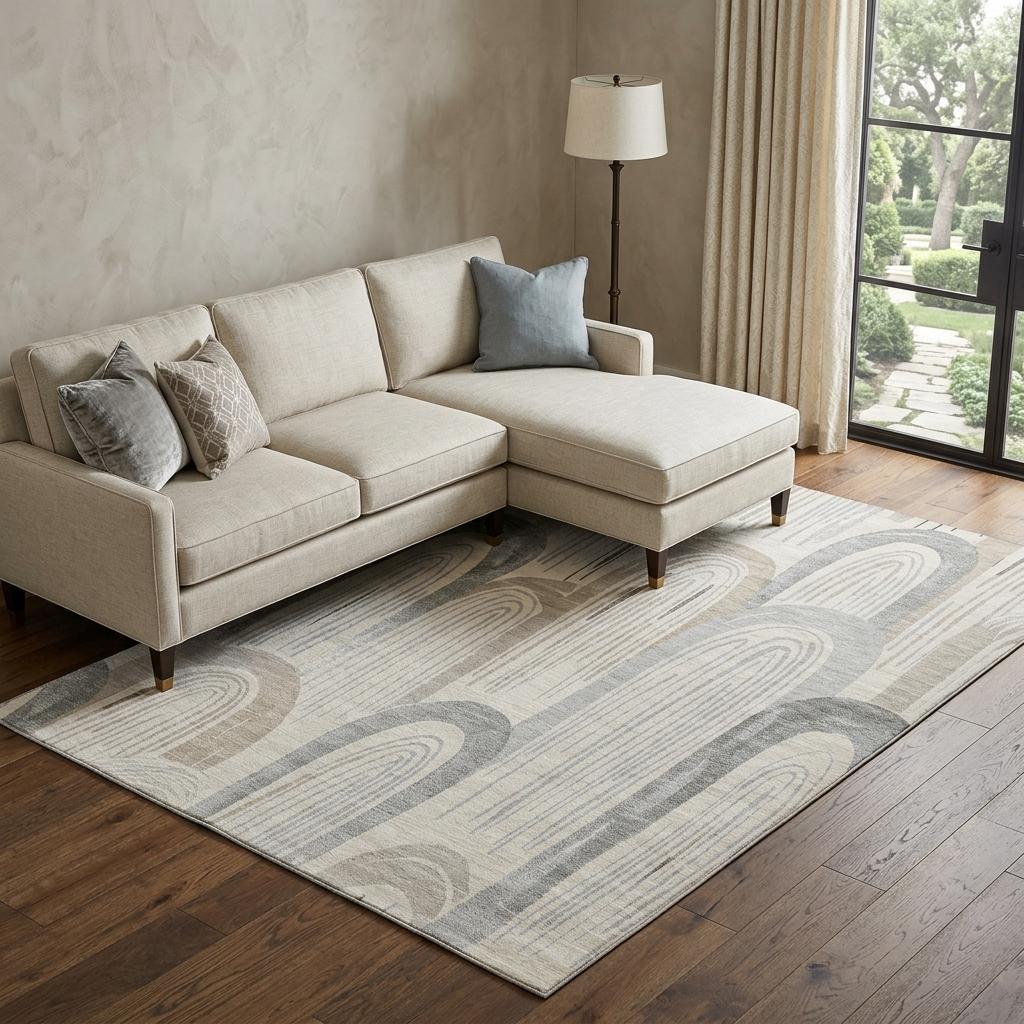 Beige Gray And Silver Geometric Washable Area Rug With UV Protection