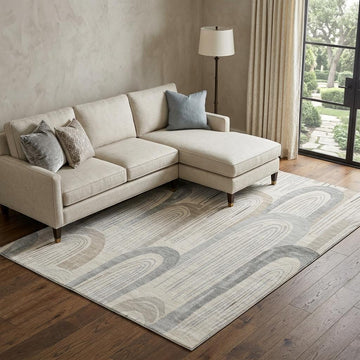 Beige Gray And Silver Geometric Washable Area Rug With UV Protection