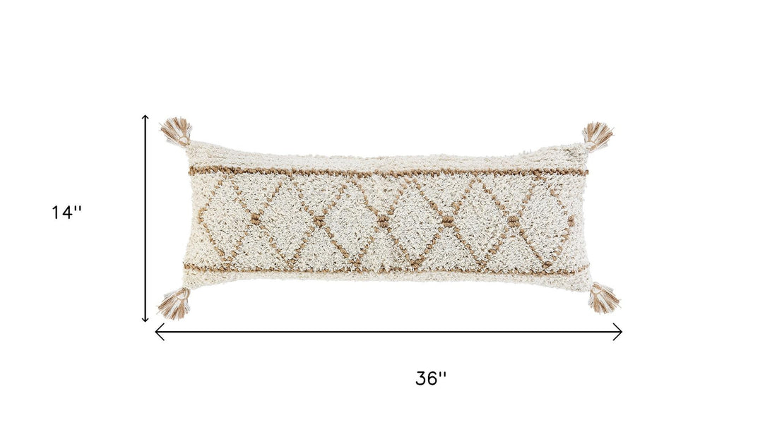 Beige And Ivory Lumbar Geometric Jute And Shag Throw Pillow with Tassels