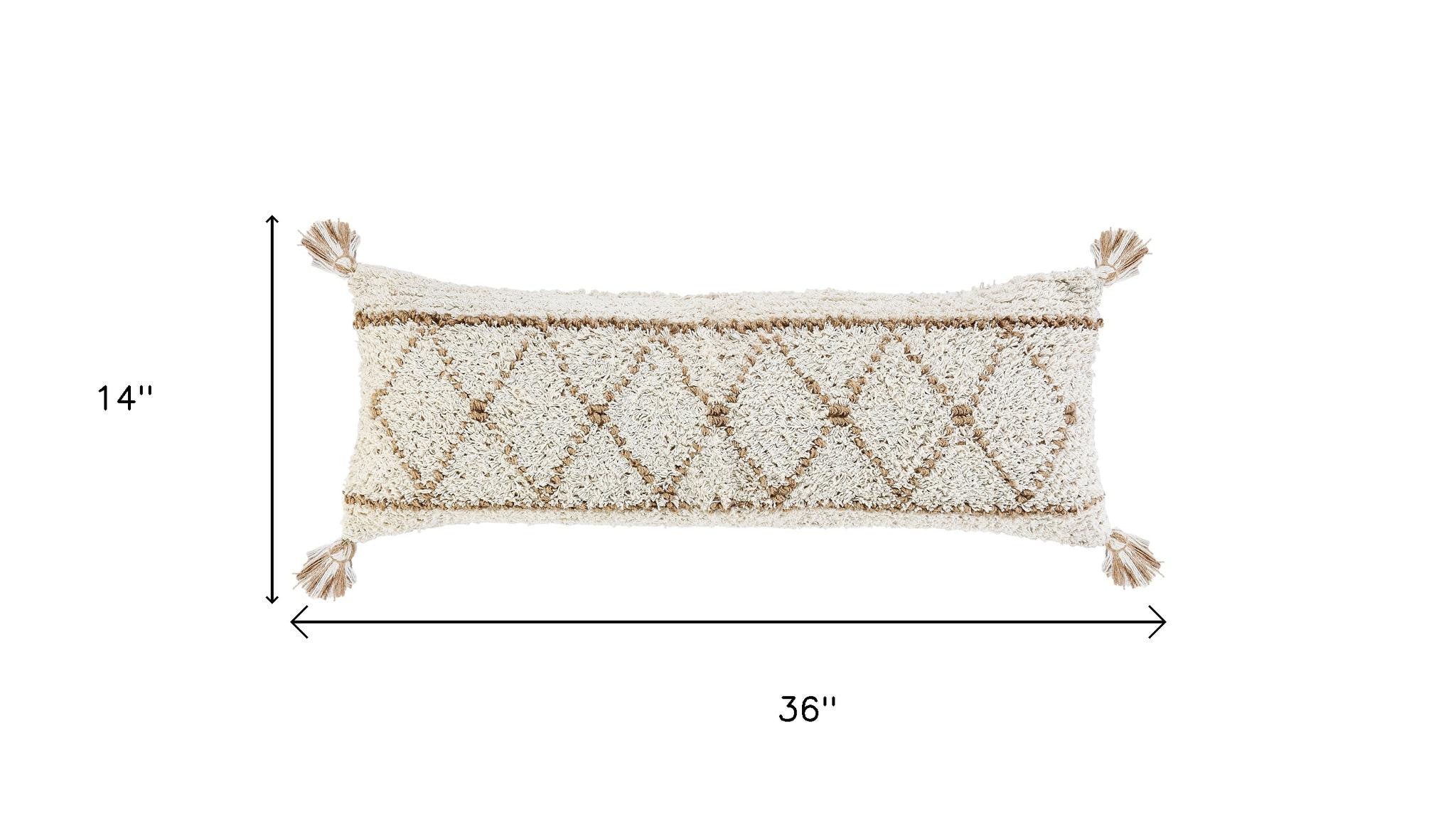 Beige And Ivory Lumbar Geometric Jute And Shag Throw Pillow with Tassels