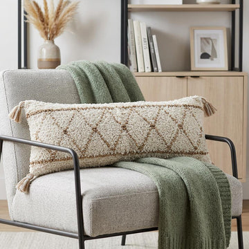 Beige And Ivory Lumbar Geometric Jute And Shag Throw Pillow with Tassels