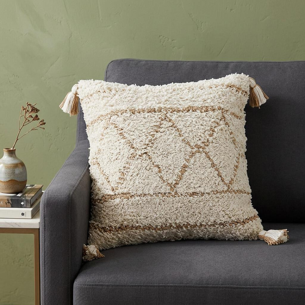 Ivory And Beige Geometric Cotton Blend Throw Pillow with Tassels