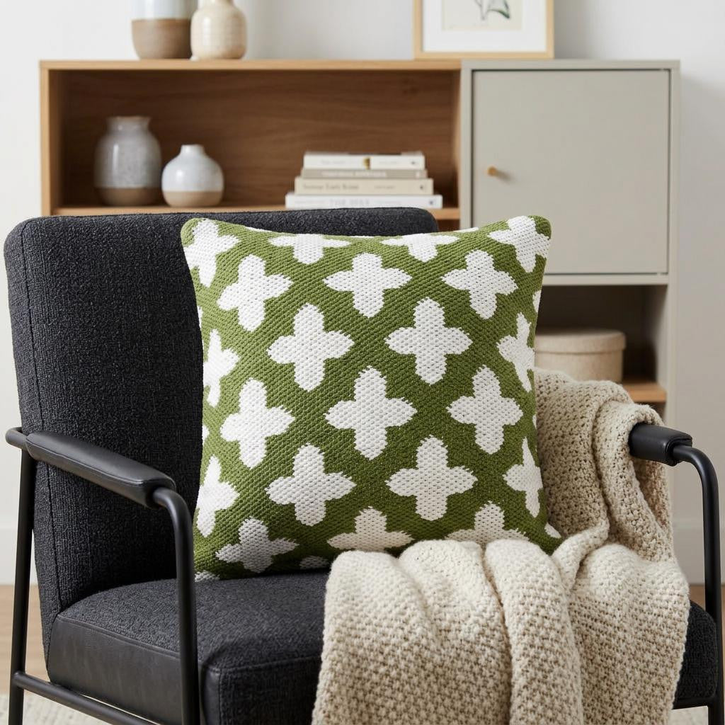 Green And White Geometric Cotton Blend Pillow Cover