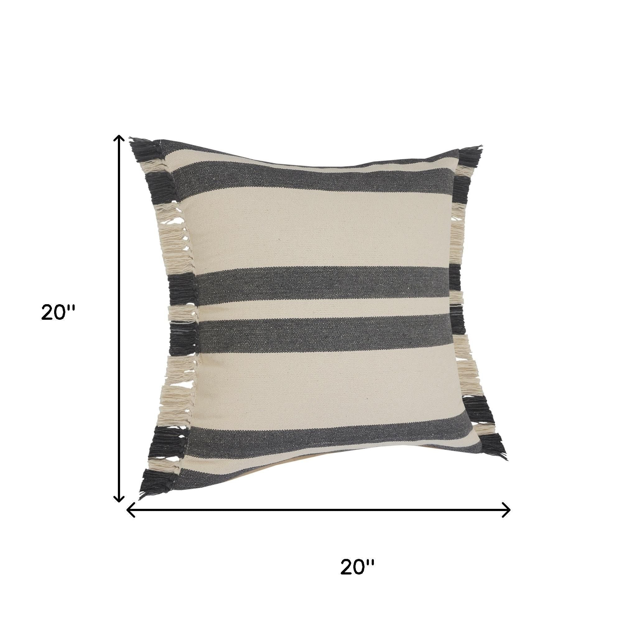 Off White And Gray Striped Cotton Throw Pillows with Frosted And Fringe