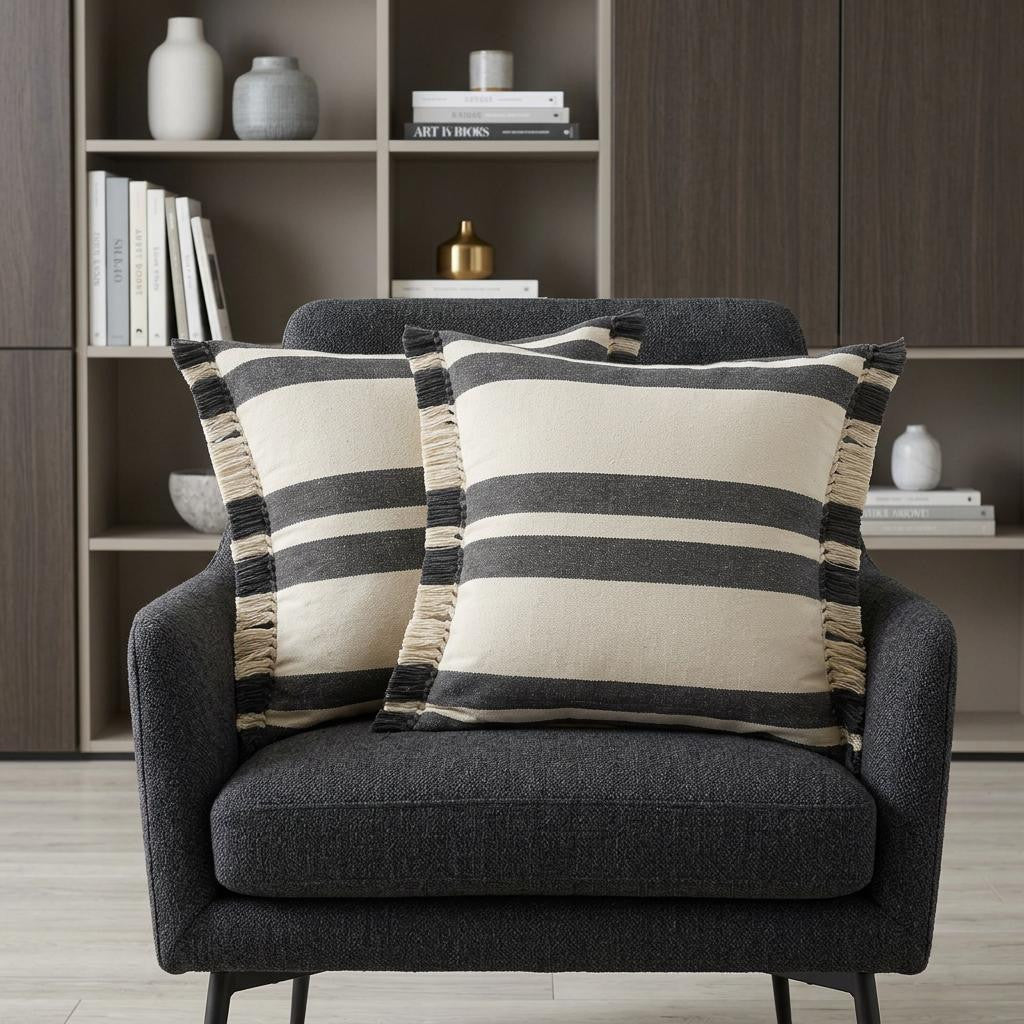 Off White And Gray Striped Cotton Throw Pillows with Frosted And Fringe