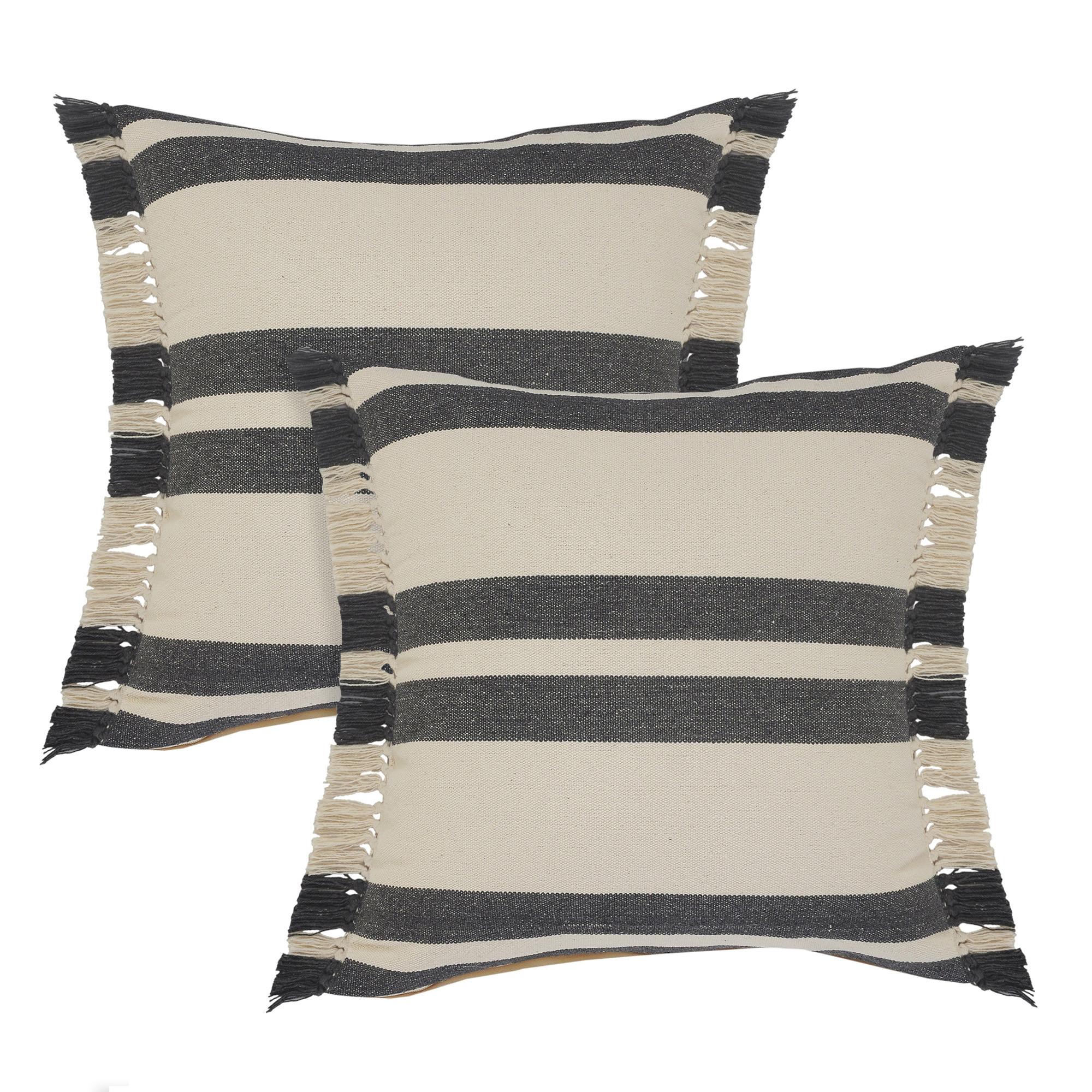Off White And Gray Striped Cotton Throw Pillows with Frosted And Fringe