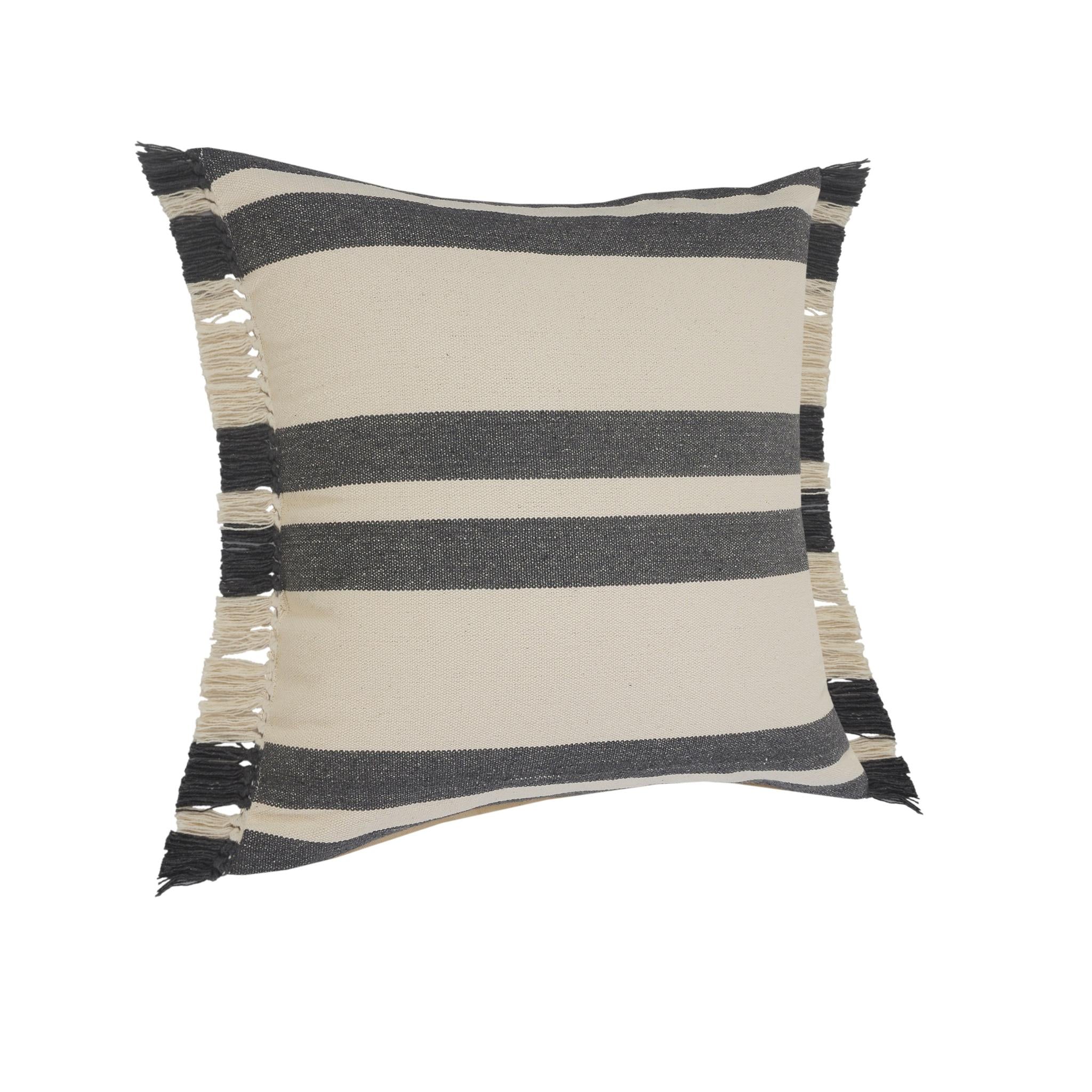 Off White And Gray Striped Cotton Throw Pillows with Frosted And Fringe