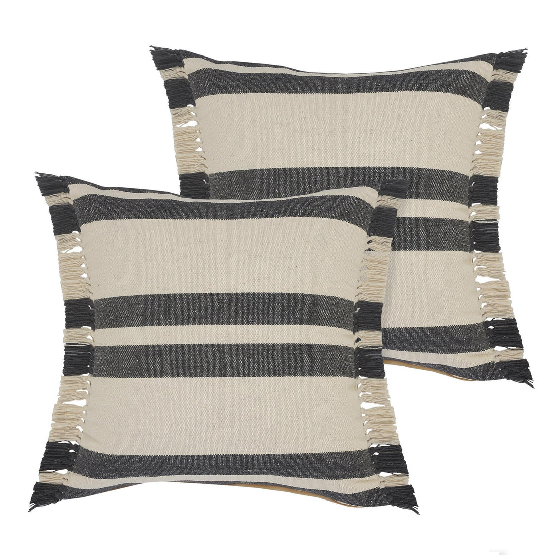 Off White And Gray Striped Cotton Throw Pillows with Frosted And Fringe
