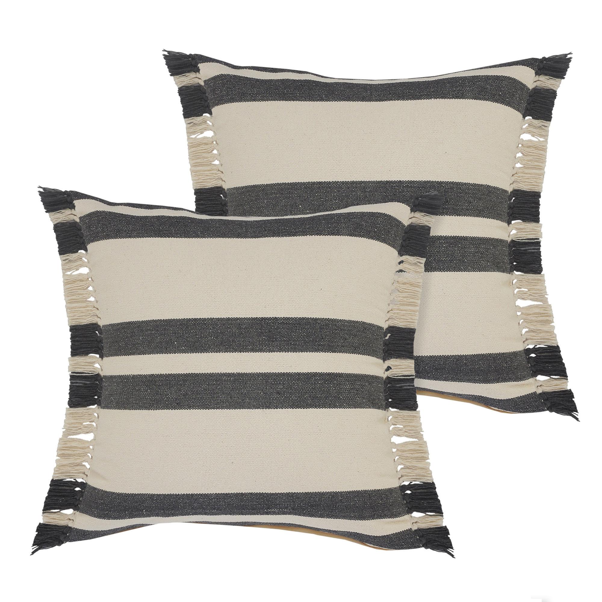 Off White And Gray Striped Cotton Throw Pillows with Frosted And Fringe
