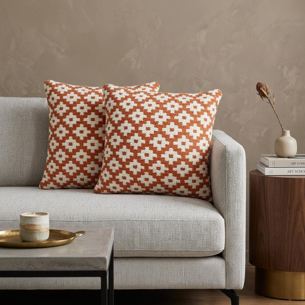 Orange And White Geometric Cotton Blend Throw Pillows