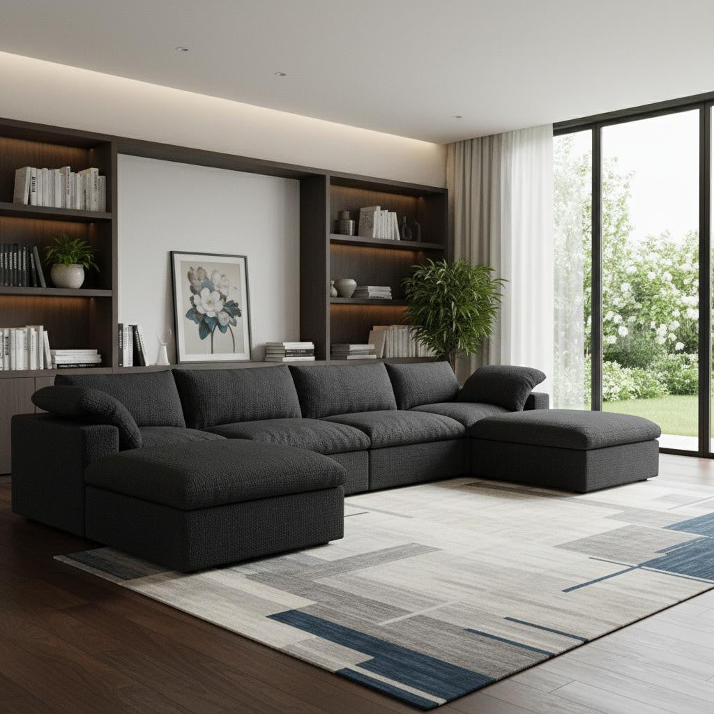 Black Linen Blend Modular U Shaped Six Piece Corner Sectional
