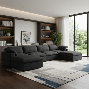 Black Linen Blend Modular U Shaped Six Piece Corner Sectional