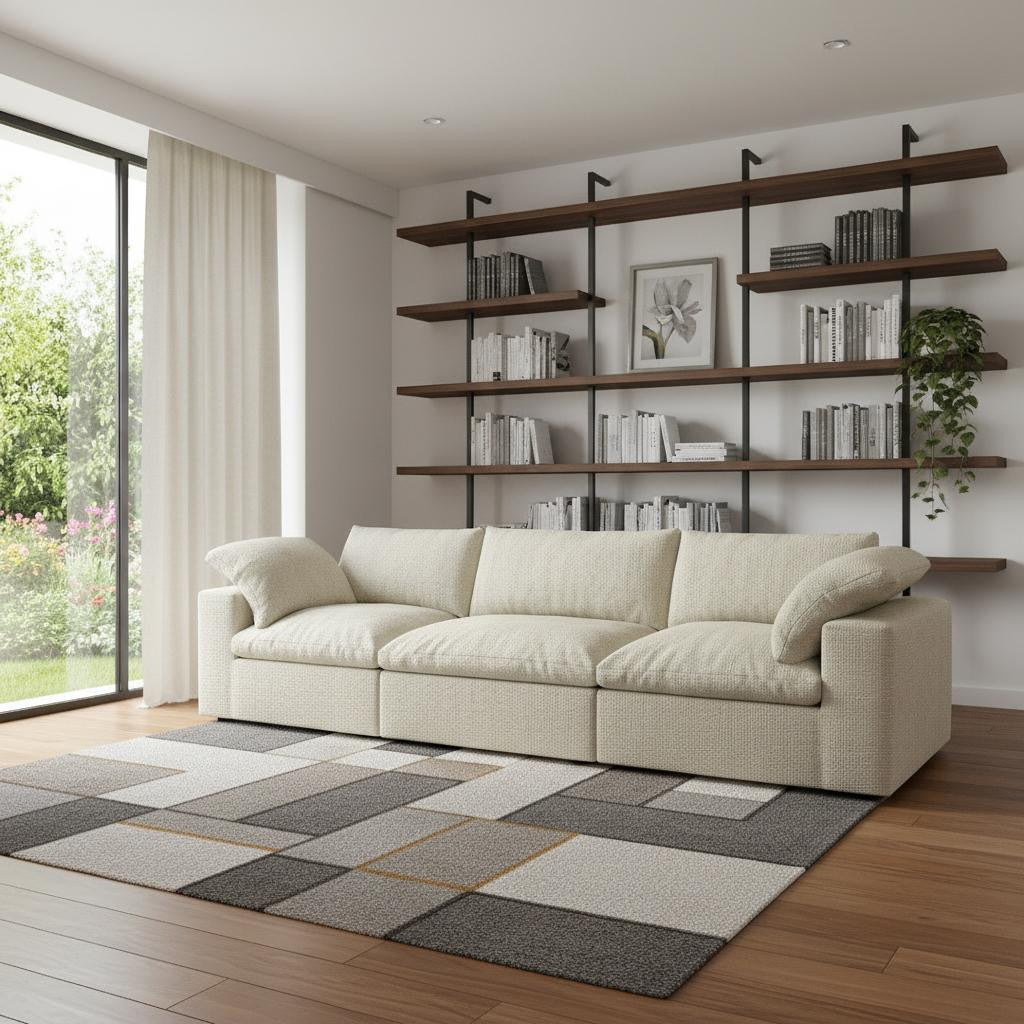 Khaki Linen Blend Modular Rectangular Three Piece Sectional