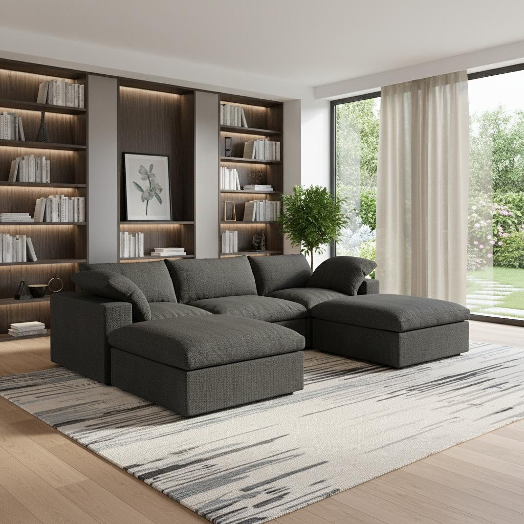 Black Linen Blend Modular U Shaped Five Piece Corner Sectional