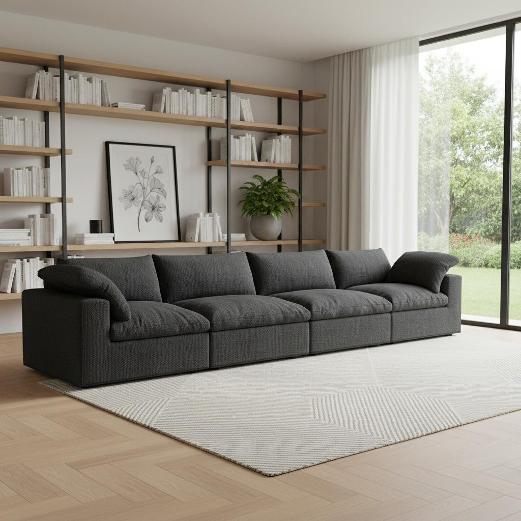 Black Linen Blend Modular Rectangular Four Piece Corner Sectional