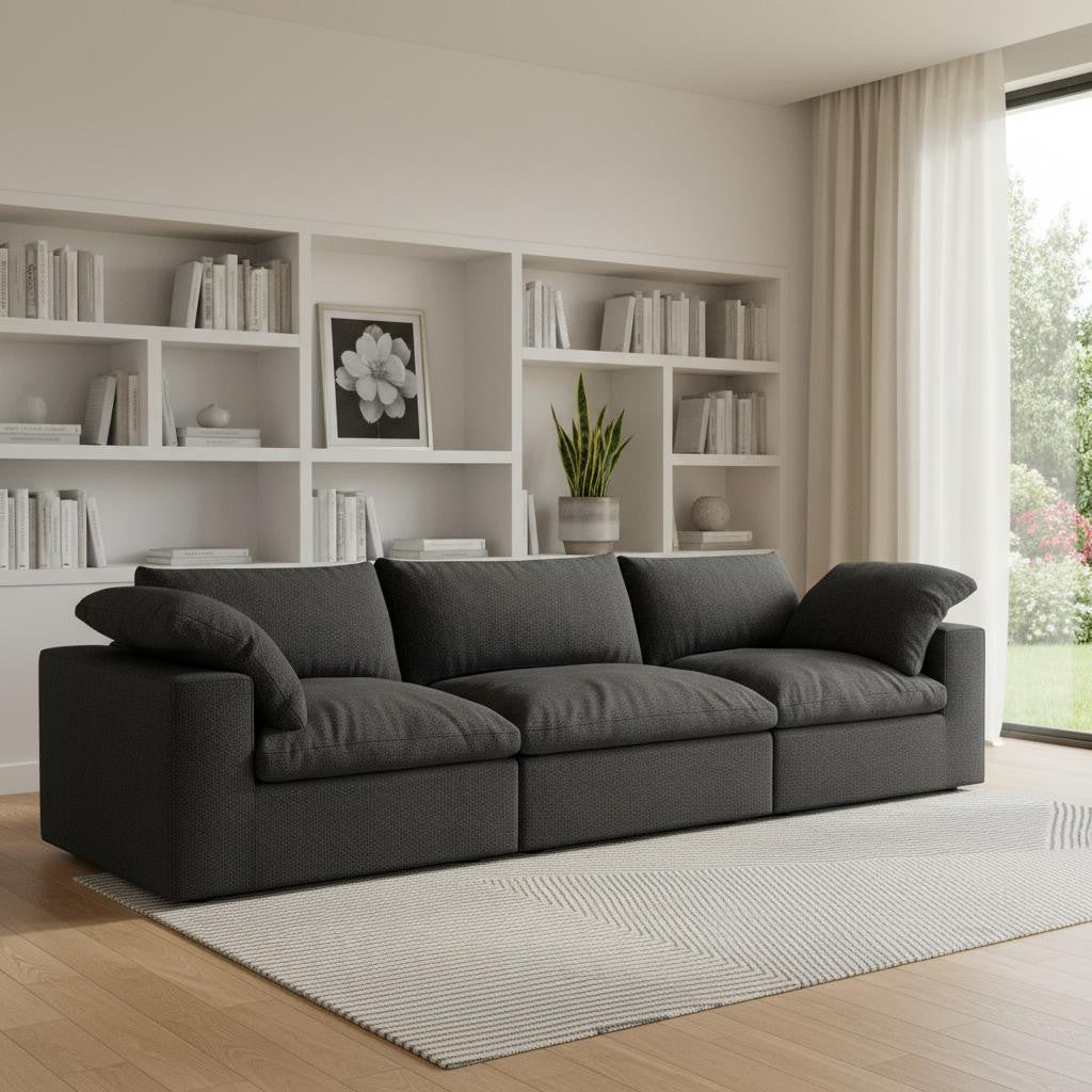 Black Linen Blend Modular Rectangular Three Piece Corner Sectional