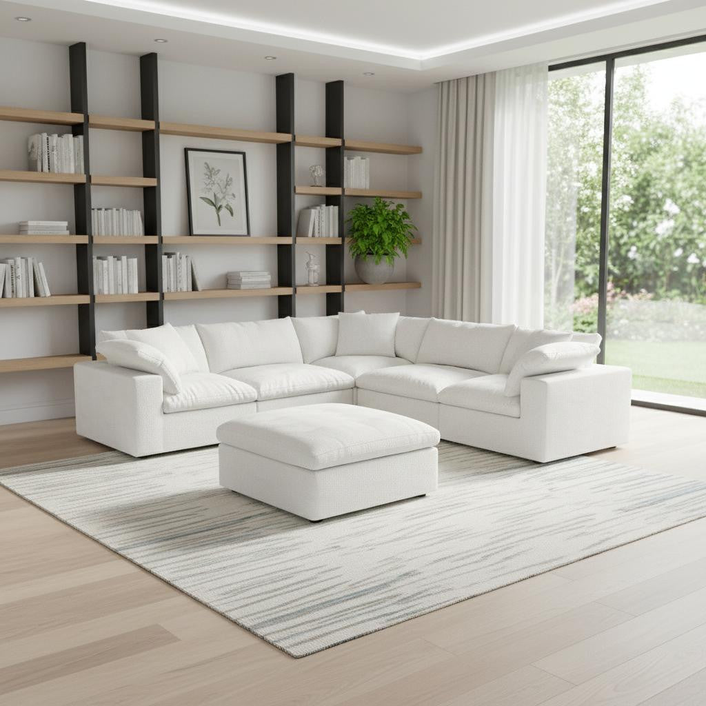 White Linen Blend Modular L Shaped Six Piece Corner Sectional