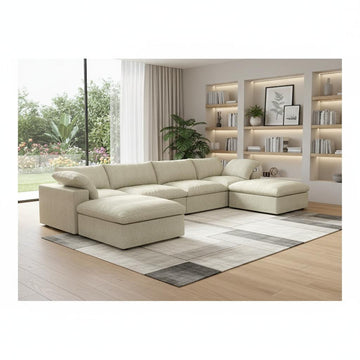 Khaki Linen Blend Modular U Shaped Six Piece Sofa and Chaise Sectional
