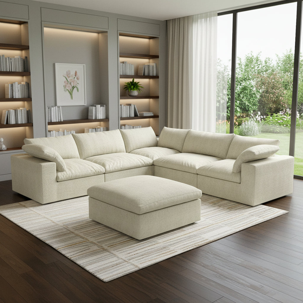 Khaki Linen Blend Modular L Shaped Six Piece Sofa and Chaise Sectional