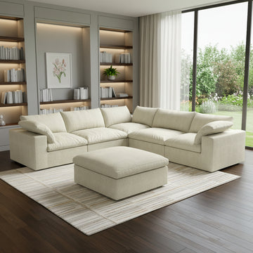 Khaki Linen Blend Modular L Shaped Six Piece Sofa and Chaise Sectional