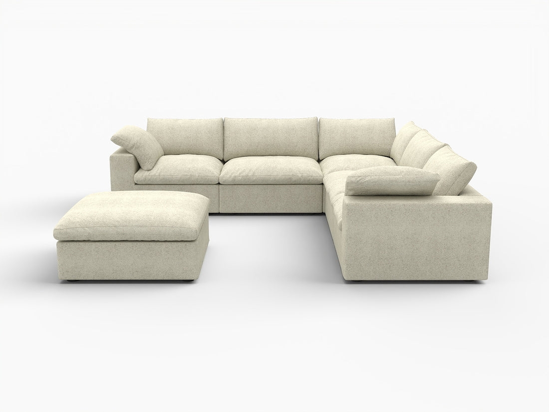 Khaki Linen Blend Modular L Shaped Six Piece Sofa and Chaise Sectional