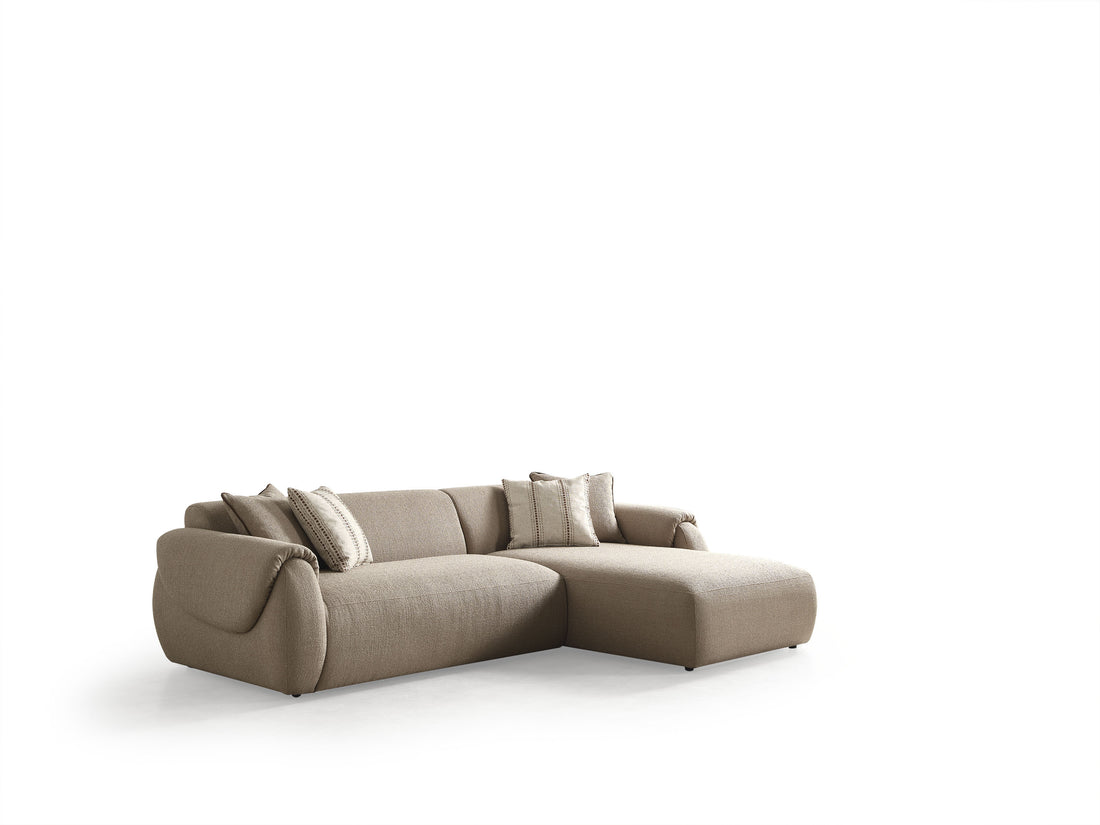 Taupe Boucle L Shaped Two Piece Sofa and Chaise Sectional With Toss Pillows