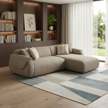 Taupe Boucle L Shaped Two Piece Sofa and Chaise Sectional With Toss Pillows