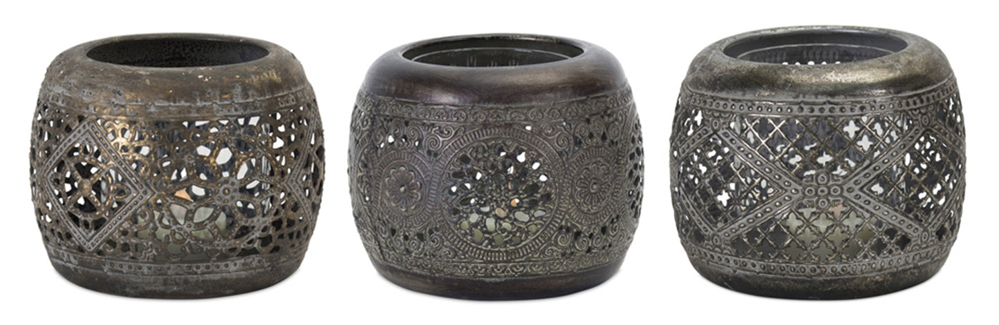 Ornamental Punched Metal Candle Holder Set