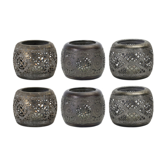 Ornamental Punched Metal Candle Holder Set