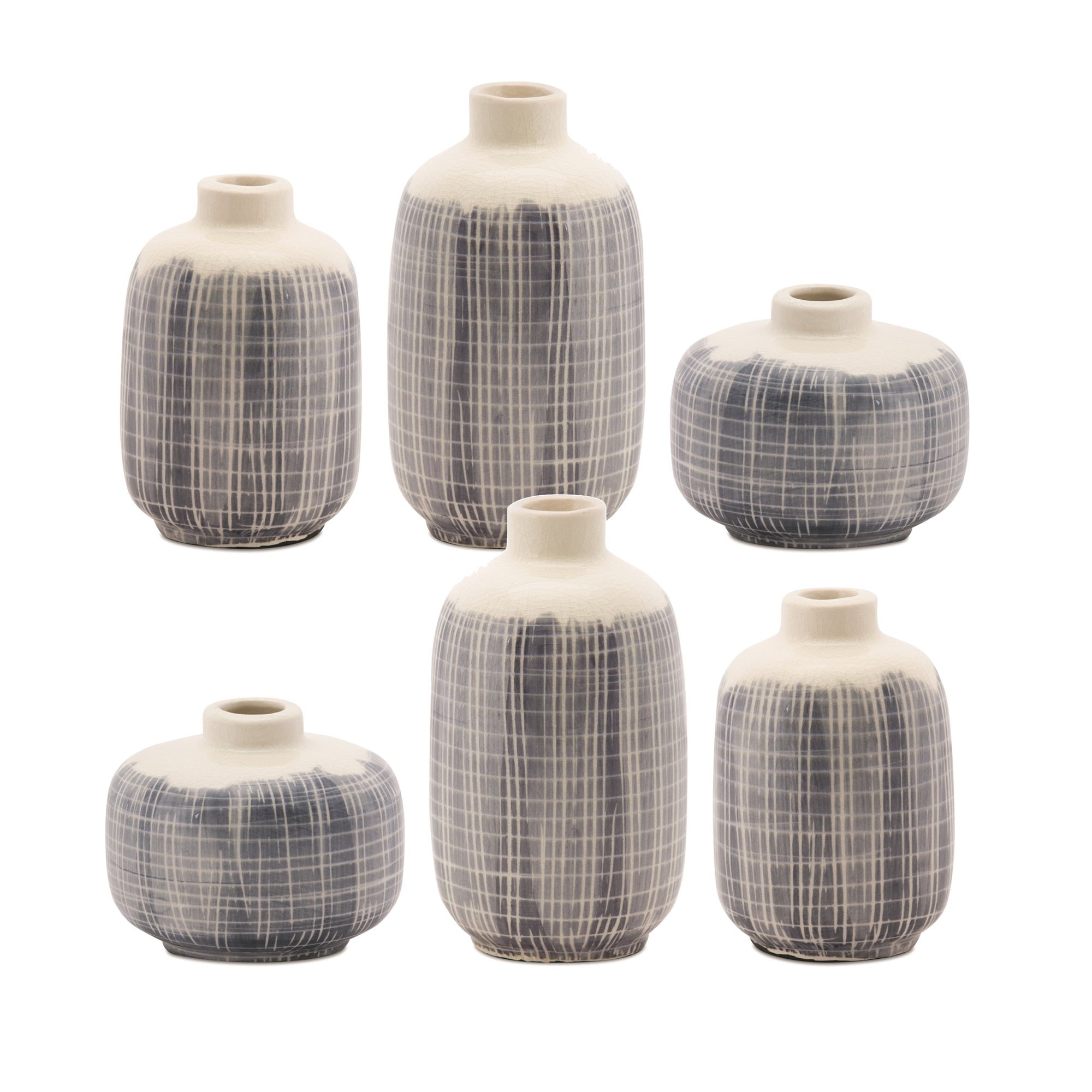 Mini Terracotta Bud Vase Set with Navy Crisscross Pattern