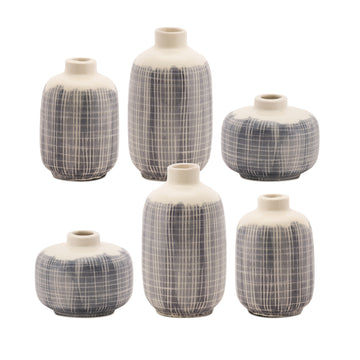 Mini Terracotta Bud Vase Set with Navy Crisscross Pattern