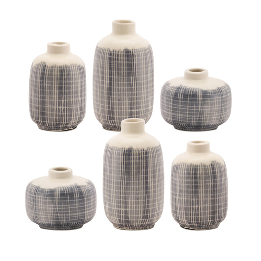 Mini Terracotta Bud Vase Set with Navy Crisscross Pattern
