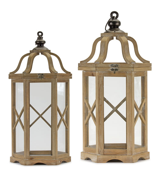 Natural Wood Hexagon Lantern with Curved Top Set