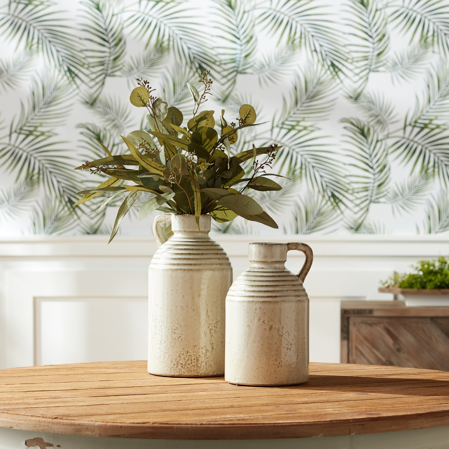 Rustic Ceramic Jug Vase with Washed Cream Finish