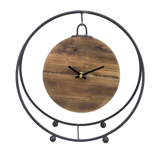 Natural Wooden Hanging Clock in Round Metal Stand