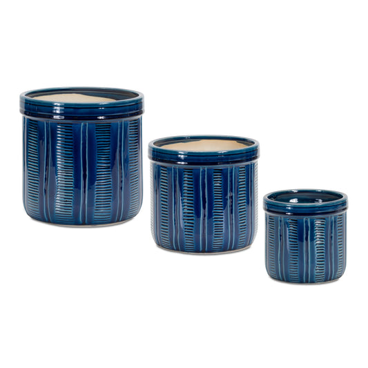 Blue Etched Terracotta Planter Set