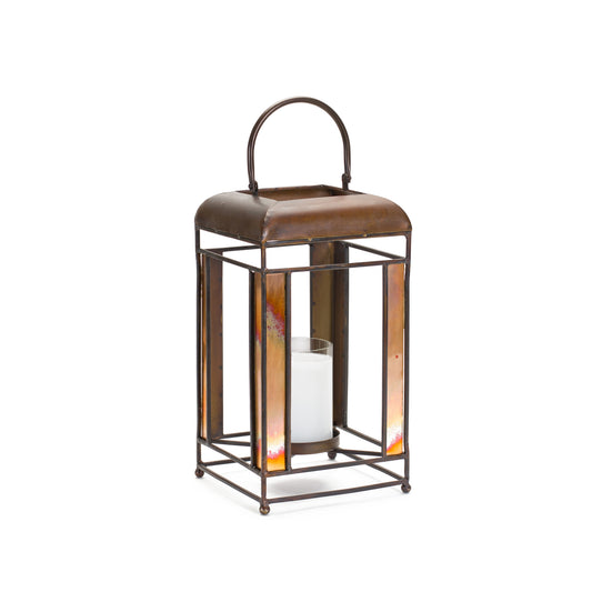 Bronze Metal Candle Holder with Amber Glass Panes and Hurricane