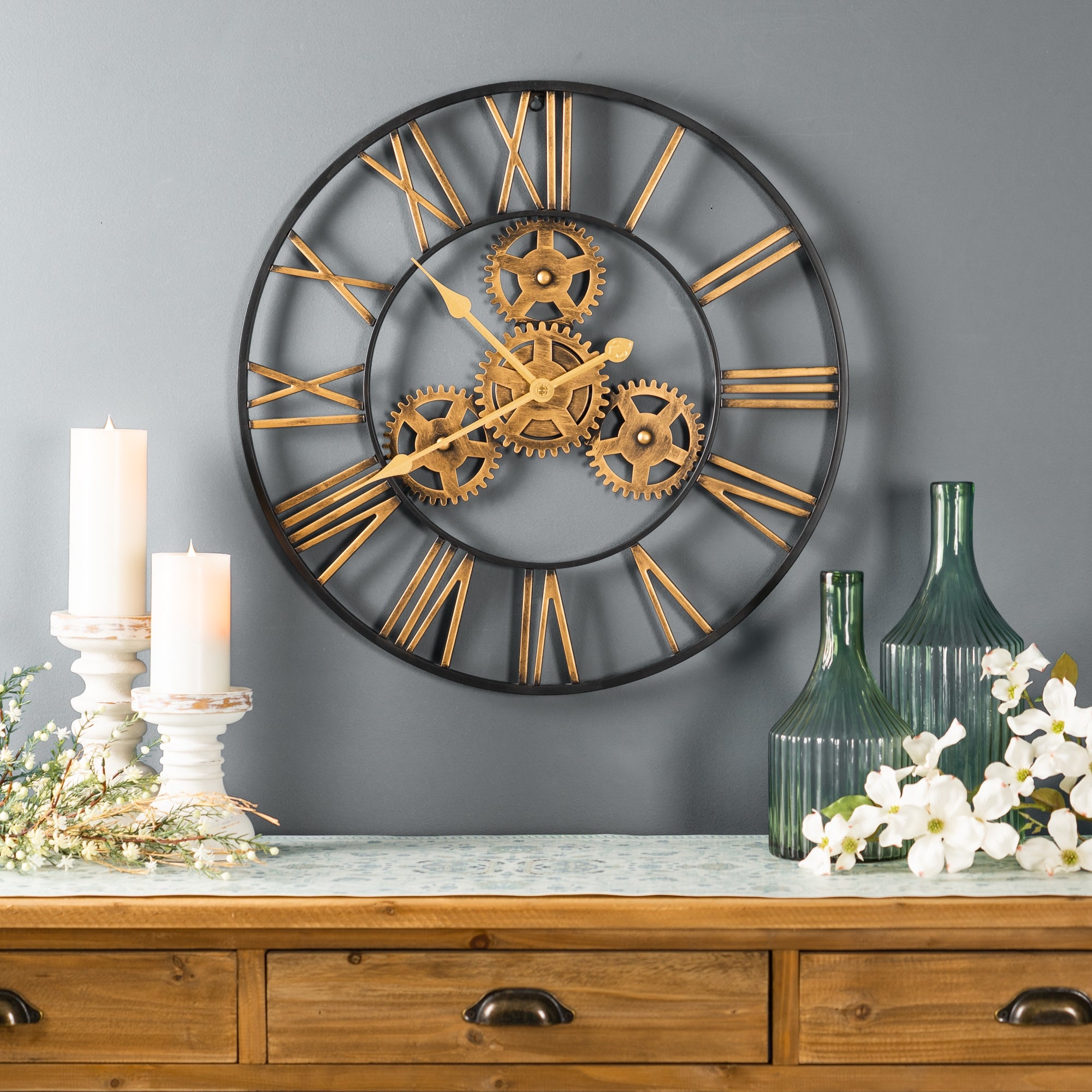Industrial Iron Gears Wall Clock with Roman Numerals