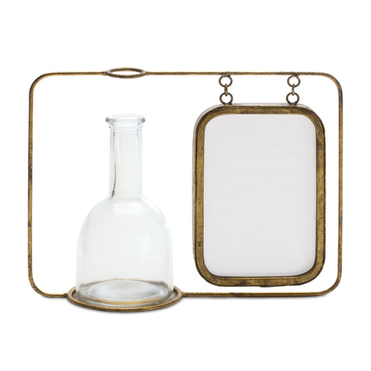 Distressed Metal Hanging Photo Frame with Bottle Vase